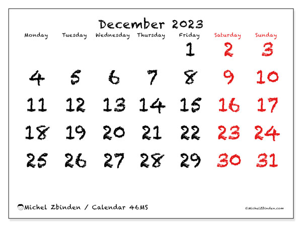 Printable December 2023 calendar. Monthly calendar “46MS” and free printable agenda