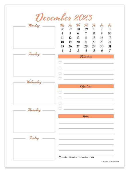 Calendar December 2023 “47”. Free printable plan.. Monday to Sunday
