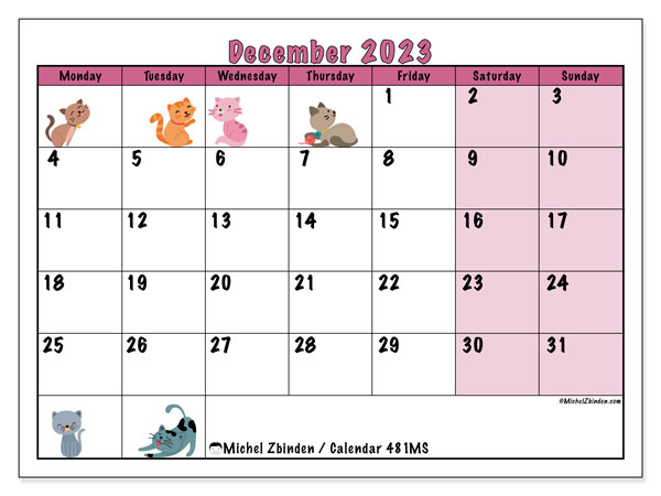 Calendar December 2023 “481”. Free printable plan.. Monday to Sunday