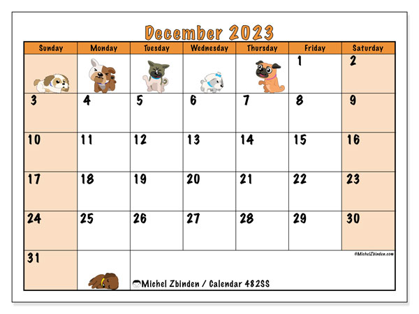 Calendar December 2023 “482”. Free printable plan.. Sunday to Saturday