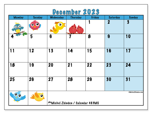 Calendar December 2023, 483MS. Free printable schedule.