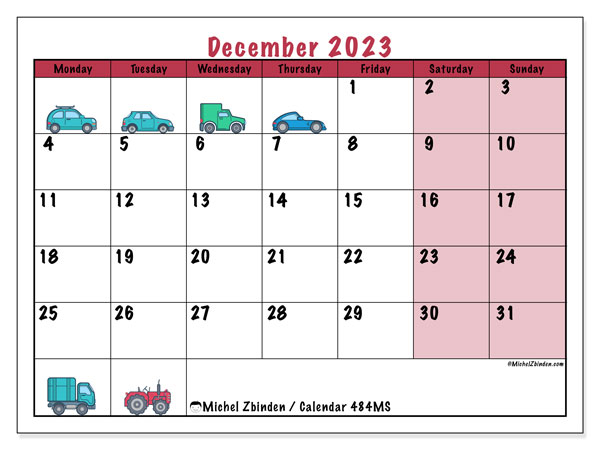 Calendar December 2023 “484”. Free printable plan.. Monday to Sunday