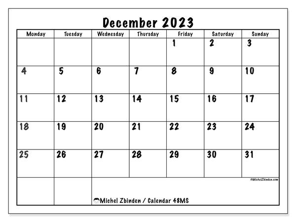Calendar December 2023 “48”. Free printable calendar.. Monday to Sunday