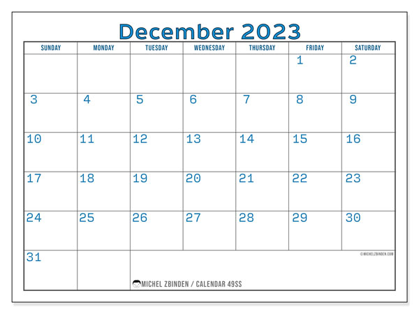 Calendar December 2023, 49SS. Free printable schedule.