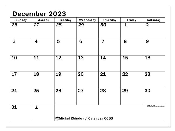 Printable calendar, December 2023, 501SS