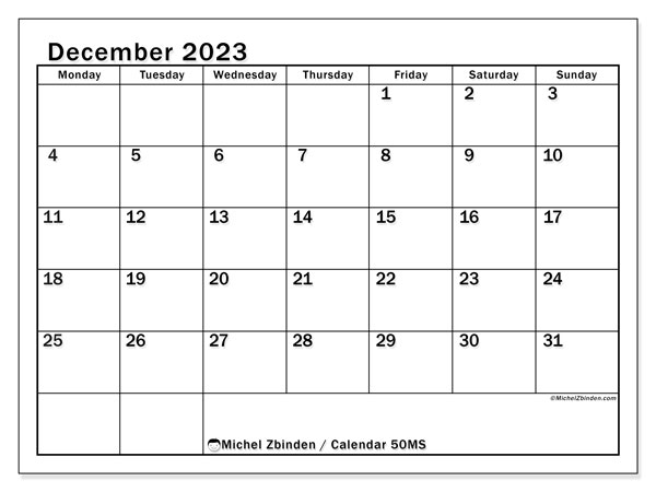 Calendar December 2023 “50”. Free printable plan.. Monday to Sunday