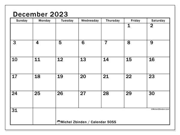 Calendar December 2023 “50”. Free printable plan.. Sunday to Saturday