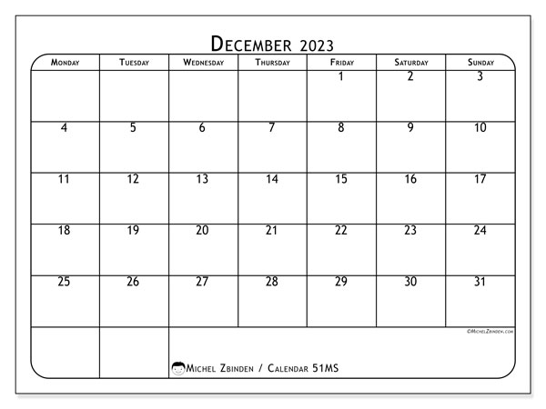 Printable December 2023 calendar. Monthly calendar “51MS” and timetable to print free
