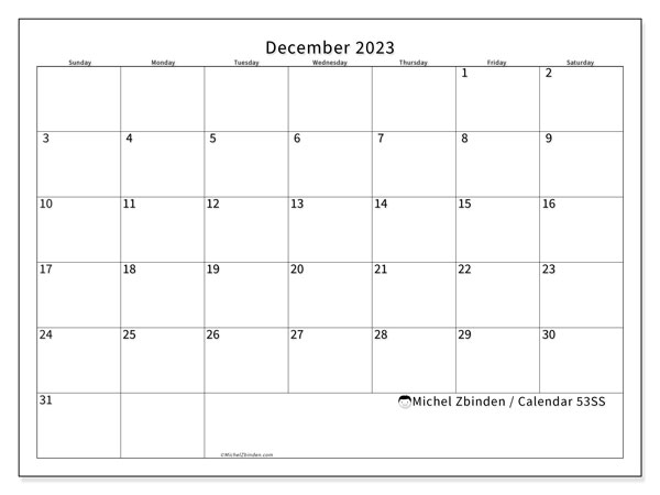 Printable calendar, December 2023, 53SS