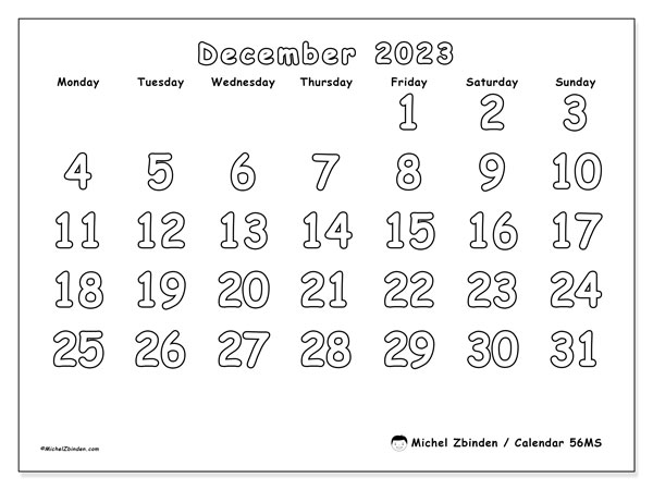 Printable December 2023 calendar. Monthly calendar “56MS” and free schedule to print