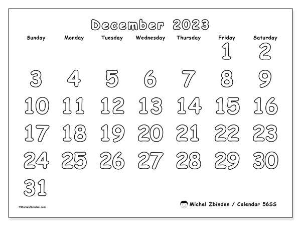 Printable calendar, December 2023, 56MS