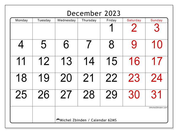Printable December 2023 calendar. Monthly calendar “62MS” and free printable timetable
