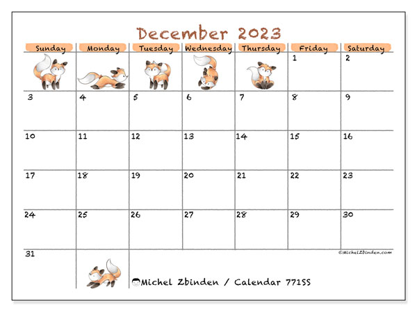 Calendar December 2023 “771”. Free printable plan.. Sunday to Saturday