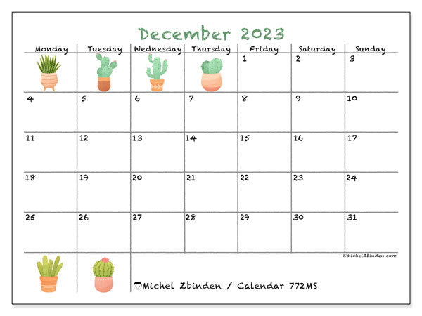 Calendar December 2023, 772MS. Free printable calendar.