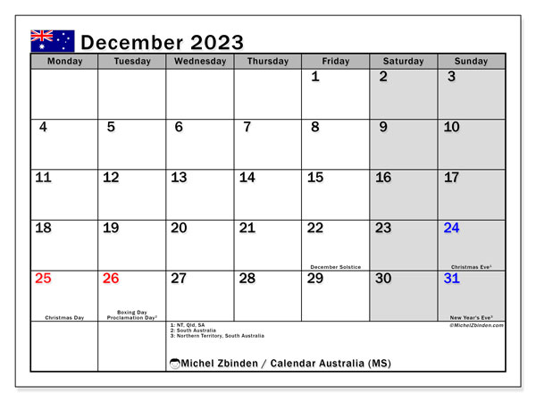 Kalender december 2023 “Australien”. Schema för gratis utskrift.. Måndag till söndag