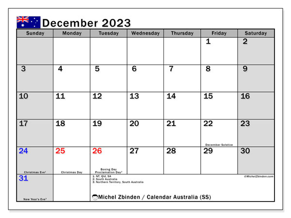 Kalender december 2023 “Australien”. Schema för gratis utskrift.. Söndag till lördag