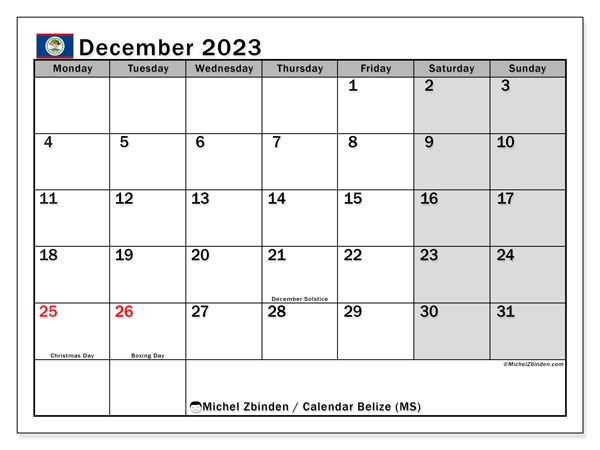 Kalender desember 2023, Belize (EN). Gratis plan for utskrift.