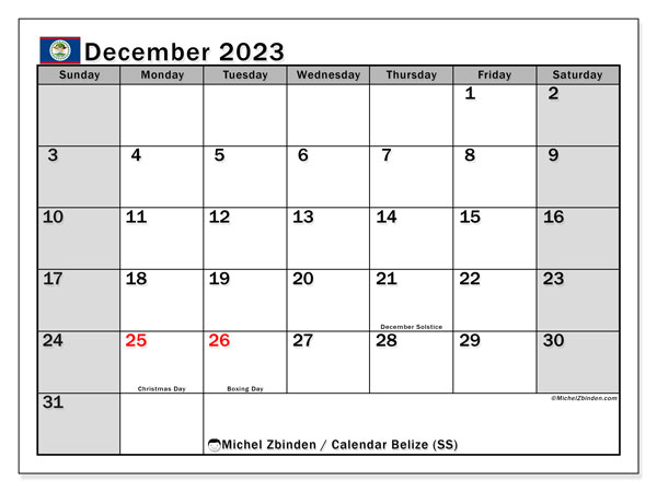 Kalender december 2023 “Belize”. Gratis kalender som kan skrivas ut.. Söndag till lördag