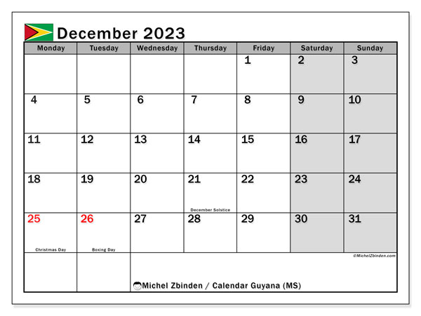 Calendar December 2023 “Guyana”. Free printable calendar.. Monday to Sunday