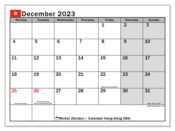 Kalender december 2023, Hong Kong (EN). Gratis utskrivbart program.