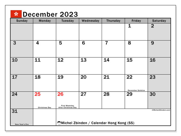 Kalender december 2023 “Hong Kong”. Gratis karta som kan skrivas ut.. Söndag till lördag