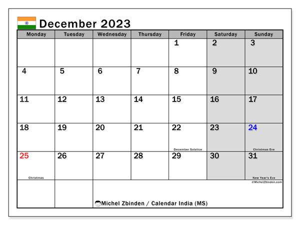 Printable calendar, December 2023, India (MS)