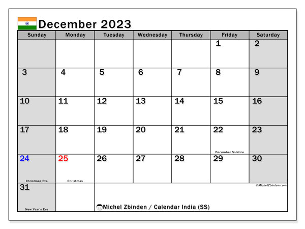 Printable calendar, December 2023, India (SS)