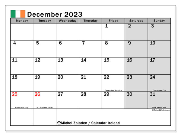 Kalendarz grudzień 2023, Irlandia (EN). Darmowy terminarz do druku.