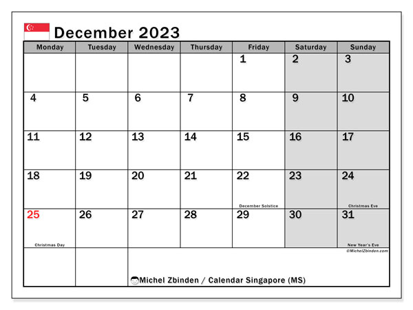Kalender december 2023 “Singapore”. Gratis kalender som kan skrivas ut.. Måndag till söndag