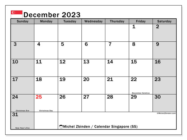 “Singapore (SS)” printable calendar, with public holidays. Monthly calendar December 2023 and free printable timetable.