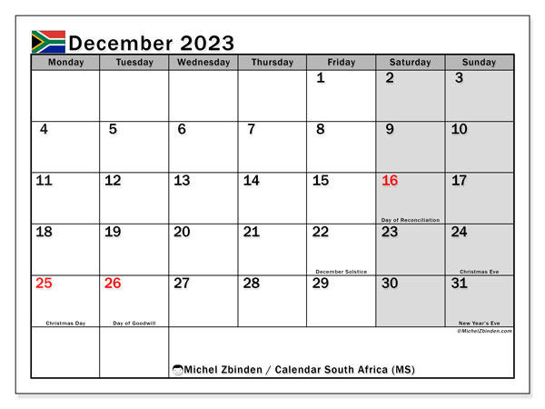 Kalender december 2023 “Sydafrika”. Gratis karta som kan skrivas ut.. Måndag till söndag