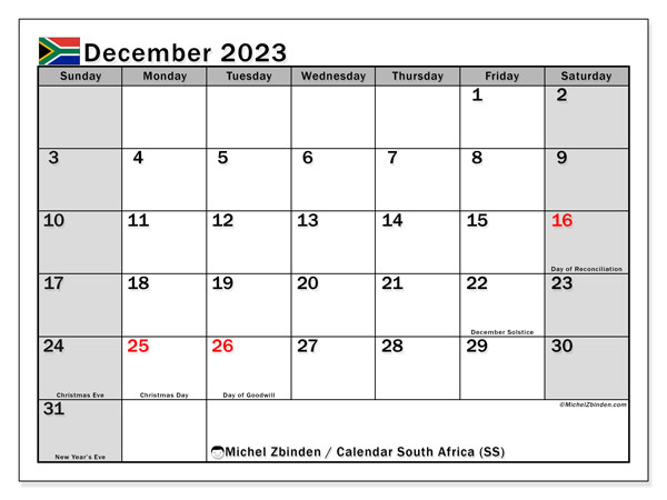 Calendar decembrie 2023, Africa de Sud (EN). Jurnal imprimabil gratuit.
