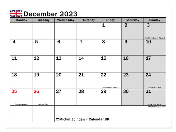 Kalender december 2023 “Storbritannien”. Gratis kalender som kan skrivas ut.. Måndag till söndag