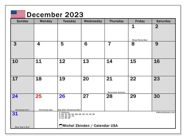 Kalenteri joulukuu 2023, Yhdysvallat (EN). Ilmainen tulostettava ohjelma.