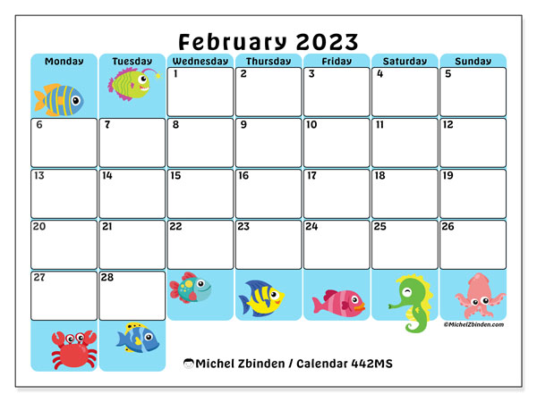 Calendar 442MS, February 2023, to print, free. Free printable timetable