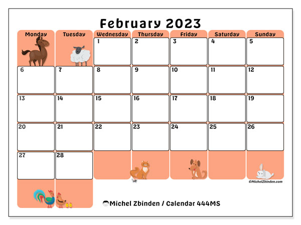 Calendar 444MS, February 2023, to print, free. Free timetable to print