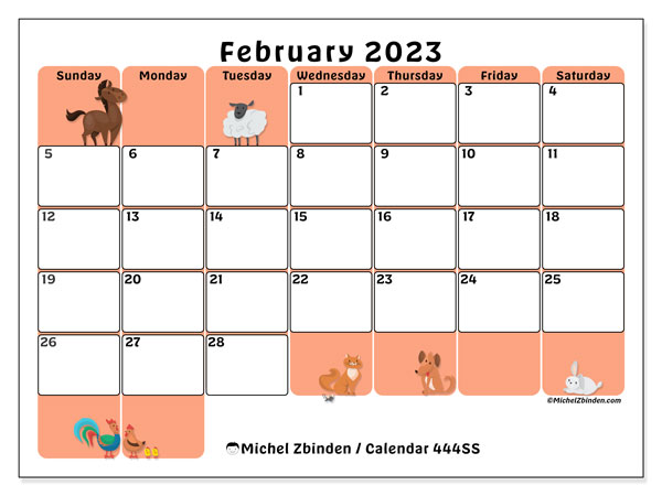 Printable February 2023 calendar. Monthly calendar “444SS” and agenda to print free