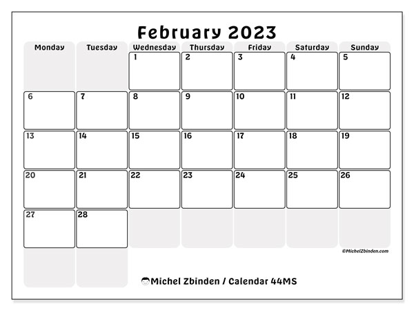 Printable February 2023 calendar. Monthly calendar “44MS” and free printable planner