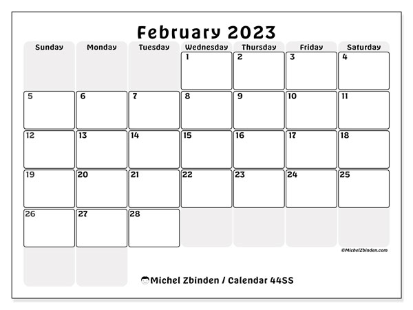 Printable February 2023 calendar. Monthly calendar “44SS” and free printable schedule