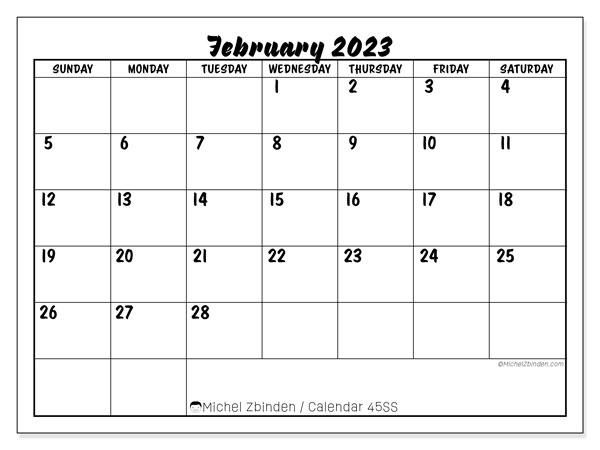45SS calendar, February 2023, for printing, free. Free printable agenda