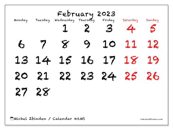 Printable February 2023 calendar. Monthly calendar “46MS” and free printable schedule