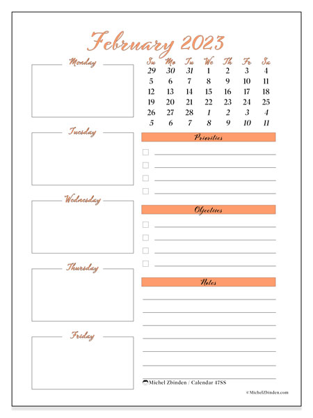Printable February 2023 calendar. Monthly calendar “47SS” and agenda to print free