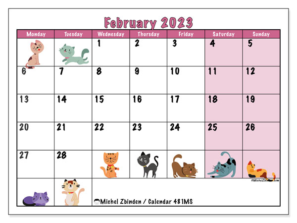 Calendar 481MS, February 2023, to print, free. Free agenda to print