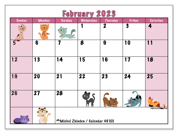 Printable calendar, February 2023, 481MS