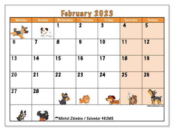 Printable calendar, February 2023, 482MS