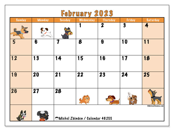 Printable calendar, February 2023, 482SS