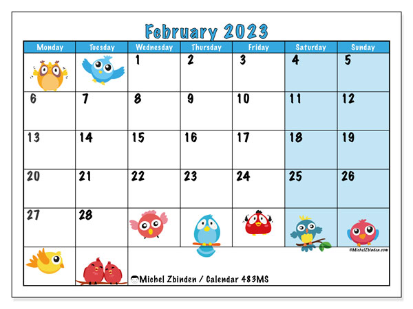 Printable calendar, February 2023, 483MS