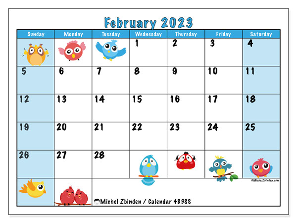 Printable calendar, February 2023, 483SS