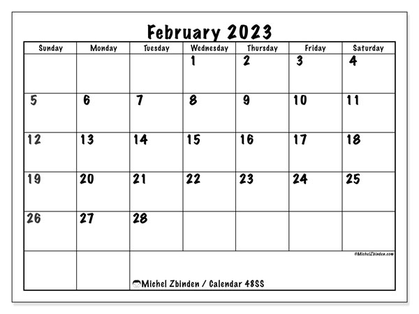 Calendar 48SS, February 2023, to print, free. Free printable timetable