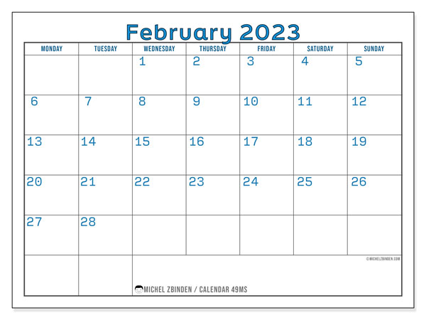 Calendar 49MS, February 2023, to print, free. Free printable schedule